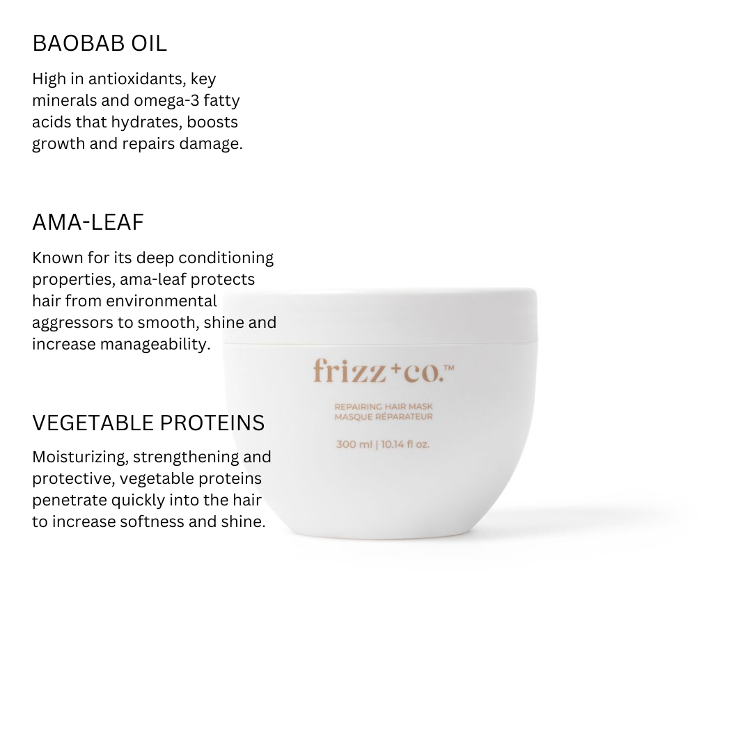 The Repairing hair mask with a description of its Main ingredients: Baobab Oil, Ama-leaf, vegetable proteins. All clean ingredients.
