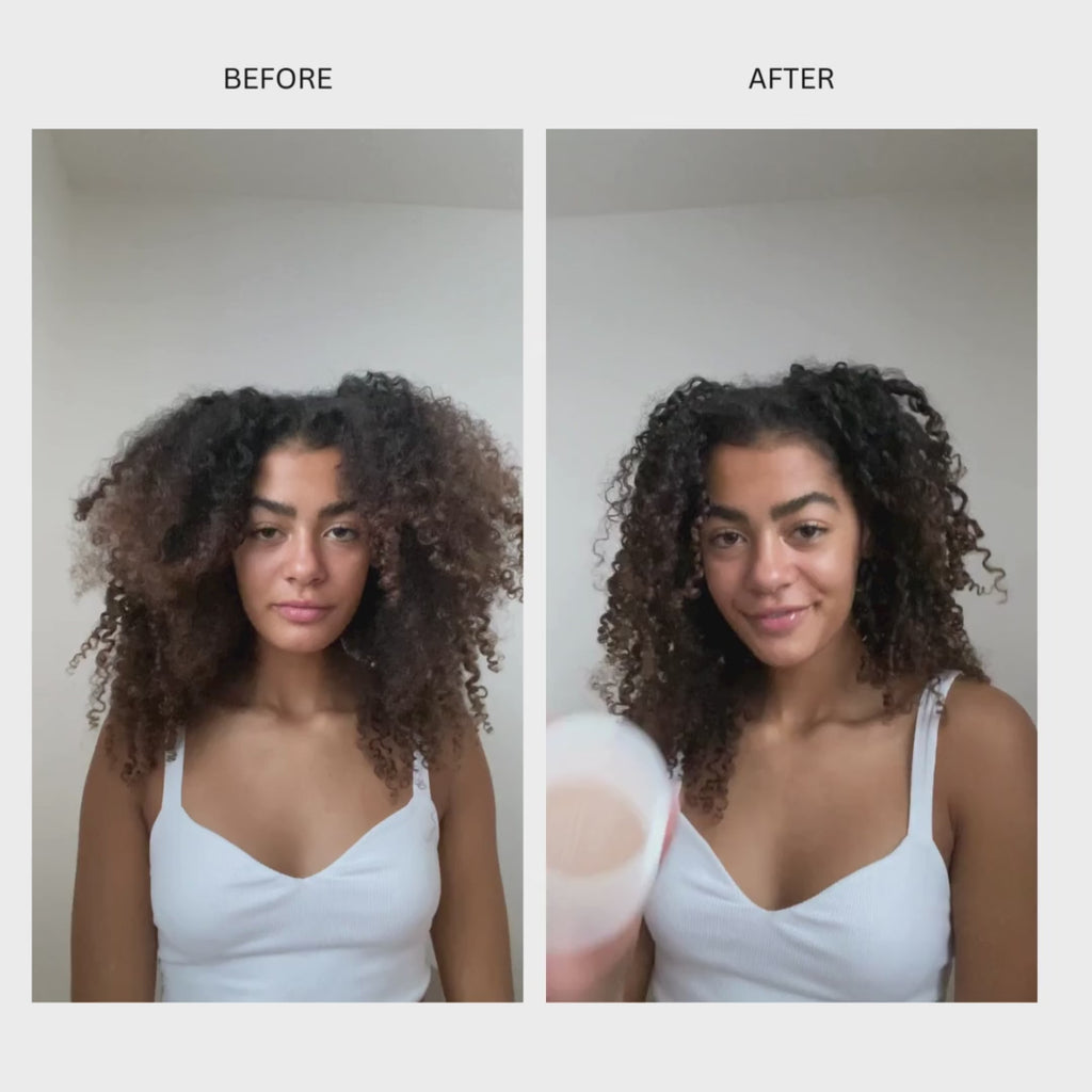 Before/after shot of Maika using the Repairing Hair Mask. Healthy, Juicy, defined curls vs Damaged, dry, dull curls.